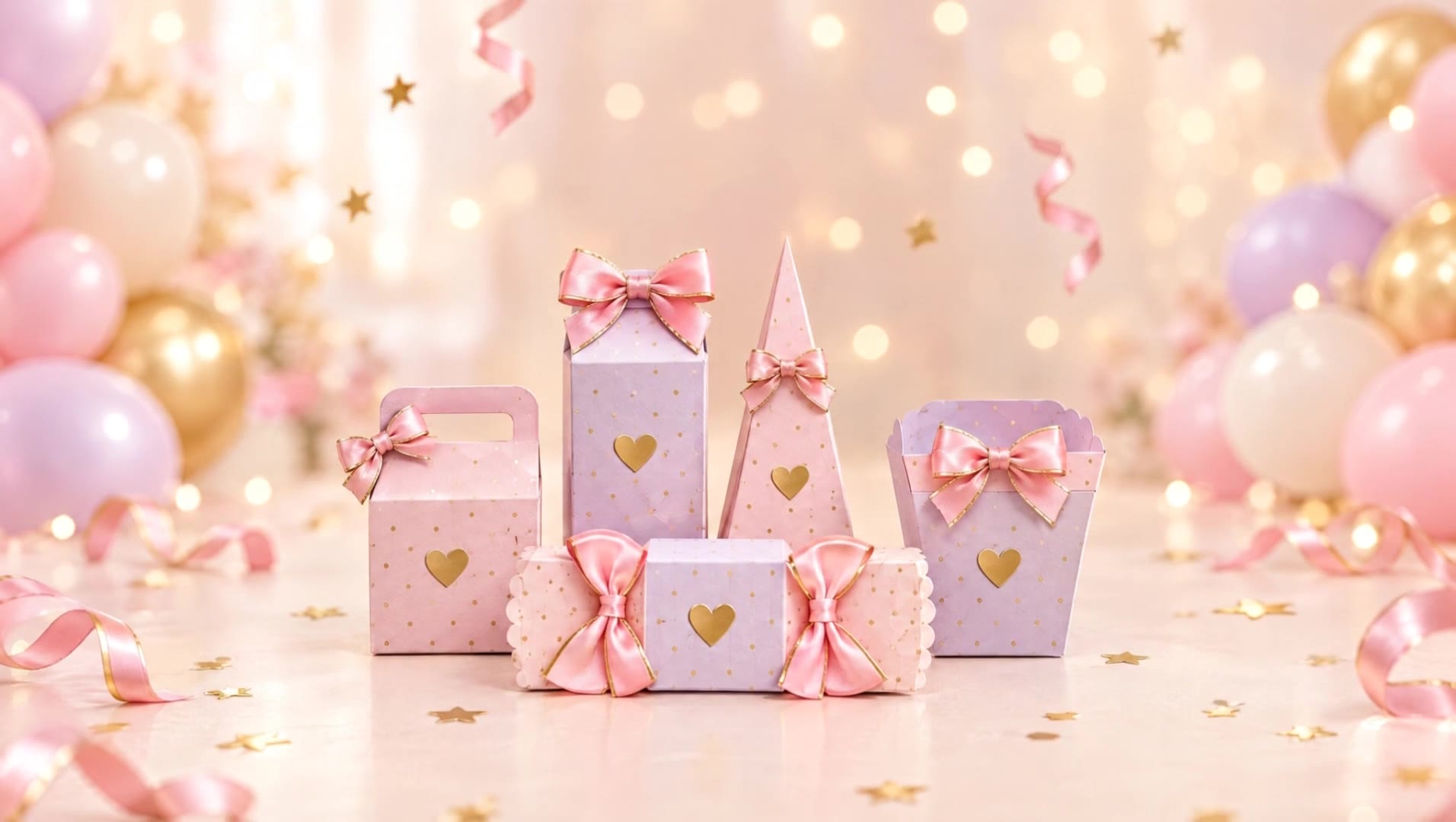 Kit de cinco caixinhas rosa e lilás com laços de cetim e coração dourado sobre uma mesa de festa